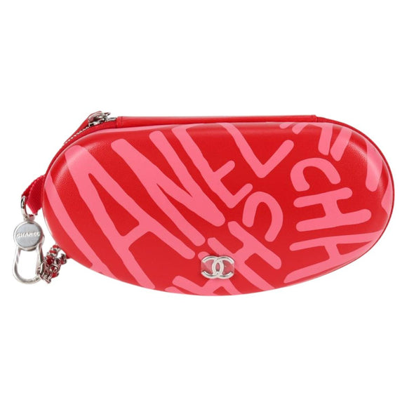 CHANEL Chain Glasses Sunglasses Case Glasses Case Leather Red CC Auth bs24979AM