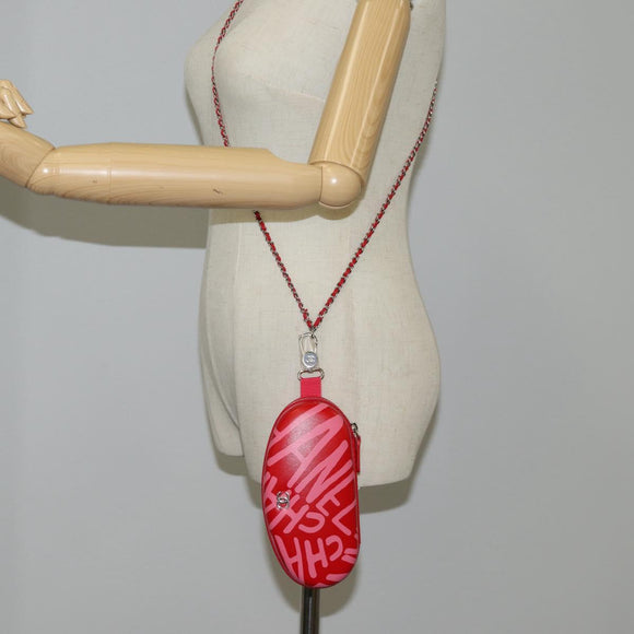 CHANEL Chain Glasses Sunglasses Case Glasses Case Leather Red CC Auth bs24979AM