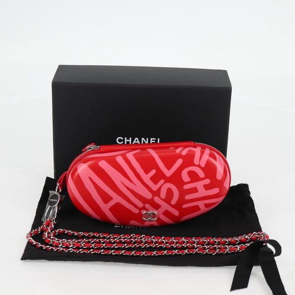 CHANEL Chain Glasses Sunglasses Case Glasses Case Leather Red CC Auth bs24979AM