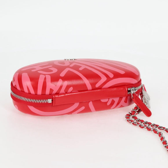 CHANEL Chain Glasses Sunglasses Case Glasses Case Leather Red CC Auth bs24979AM