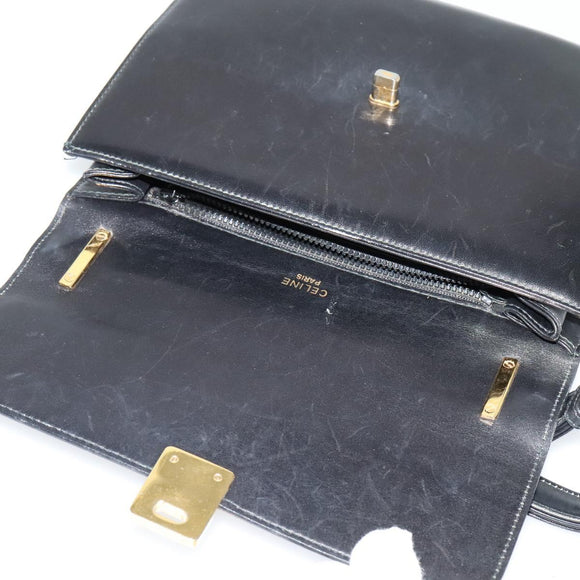 CELINE Shoulder Bag Leather Black Gold Auth bs24994