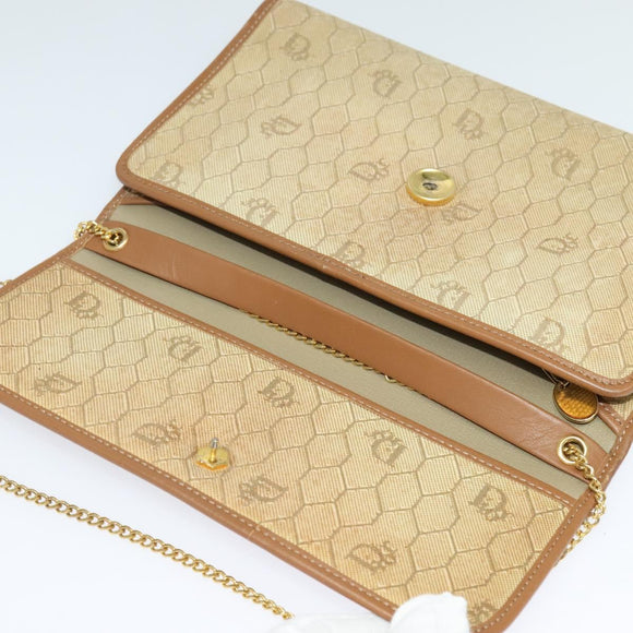 Christian Dior Honeycomb Canvas Chain Shoulder Bag Beige Gold Auth bs25041