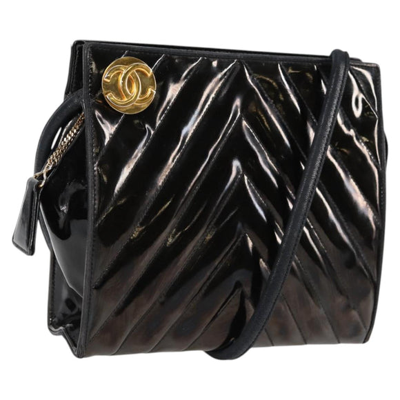 CHANEL V Stitch Shoulder Bag Enamel Black CC Auth bs25102
