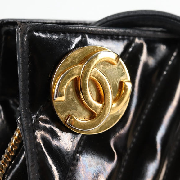 CHANEL V Stitch Shoulder Bag Enamel Black CC Auth bs25102