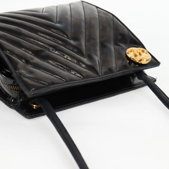CHANEL V Stitch Shoulder Bag Enamel Black CC Auth bs25102