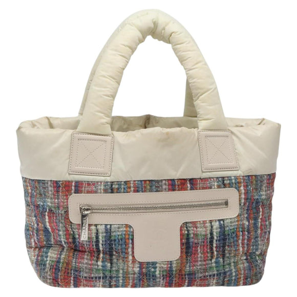 CHANEL Coco Cocoon PM Hand Bag Nylon White Multicolor Silver CC Auth bs25111