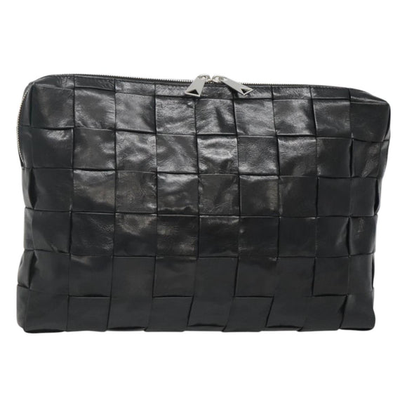 BOTTEGA VENETA Maxi INTRECCIATO Clutch Bag Leather Black Silver Auth bs25134