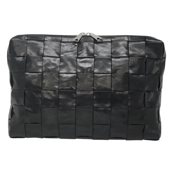 BOTTEGA VENETA Maxi INTRECCIATO Clutch Bag Leather Black Silver Auth bs25134