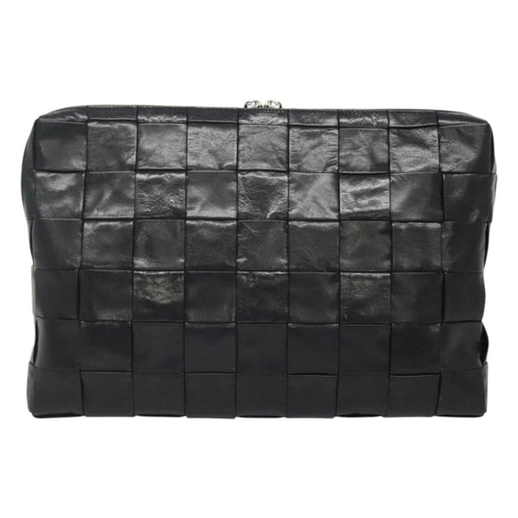 BOTTEGA VENETA Maxi INTRECCIATO Clutch Bag Leather Black Silver Auth bs25134