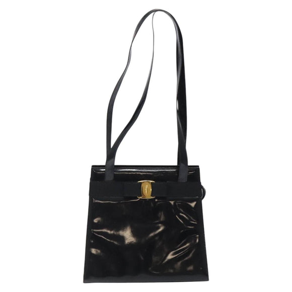 Salvatore Ferragamo Shoulder Bag Enamel Black Gold Auth bs25142
