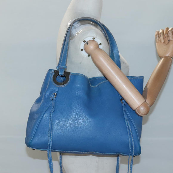 Salvatore Ferragamo Gancini Shoulder Bag Leather Blue Silver Auth bs25145