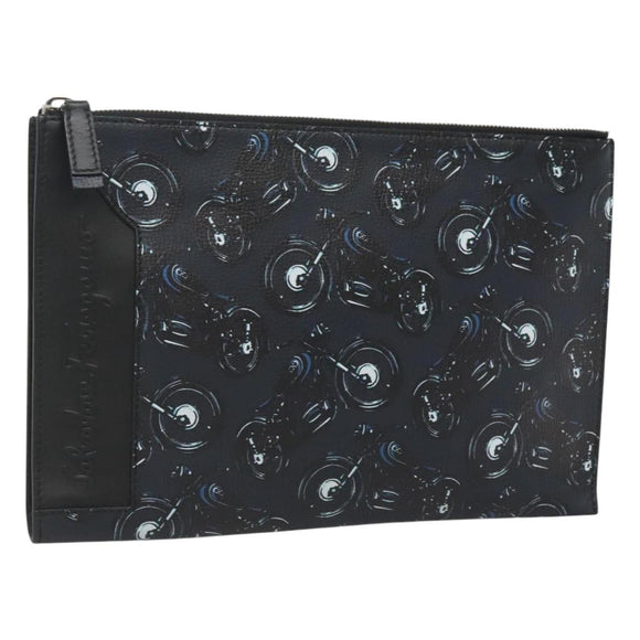 Salvatore Ferragamo Clutch Bag Leather Black Silver Auth bs25187