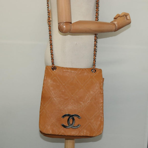 CHANEL Chain Shoulder Bag Leather Brown Silver CC Auth bs25207