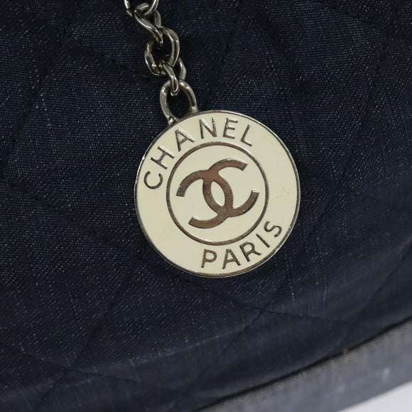 CHANEL Chain Hand Bag Canvas Blue Silver CC Auth bs25208
