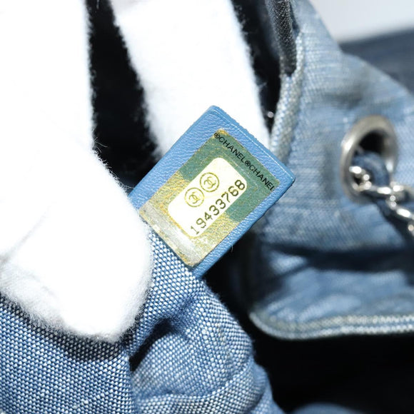 CHANEL Chain Hand Bag Canvas Blue Silver CC Auth bs25208