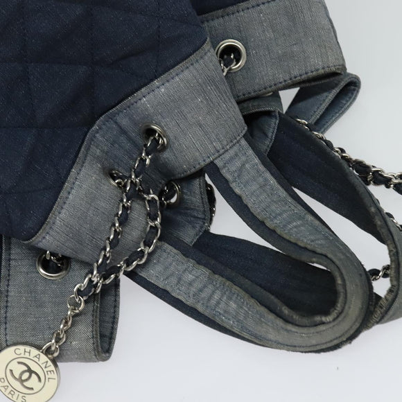 CHANEL Chain Hand Bag Canvas Blue Silver CC Auth bs25208