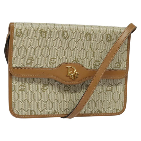 Christian Dior Honeycomb Canvas Shoulder Bag PVC Leather Beige Gold Auth bs25264