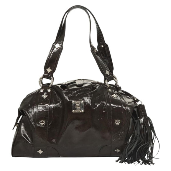 MCM Shoulder Bag Enamel Brown Silver Auth bs25319