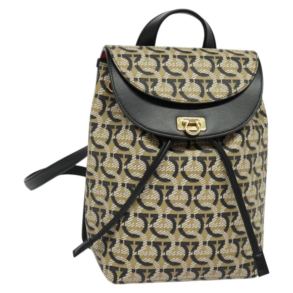 Salvatore Ferragamo Gancini Backpack PVC Leather Beige Gold Auth bs25390