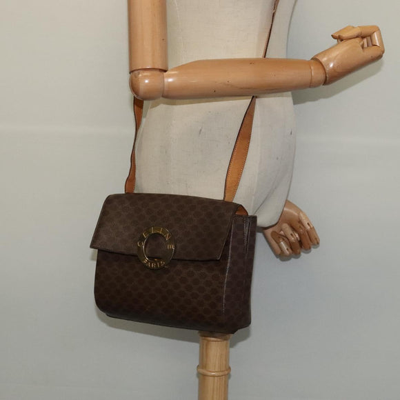 CELINE Macadam Canvas Circle Shoulder Bag PVC Leather Brown Gold Auth bs25458