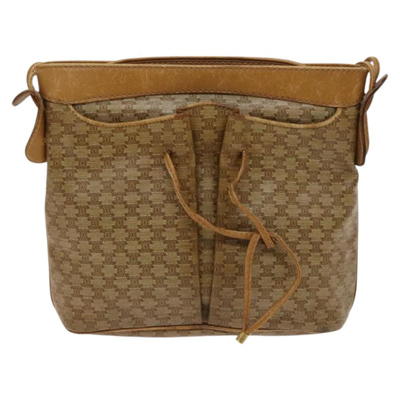 CELINE Macadam Canvas Shoulder Bag Beige Gold Auth bs25460