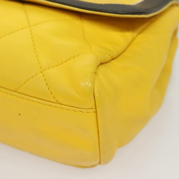CHANEL Matelasse 2.55 Shoulder Bag Lamb Skin Yellow Silver CC Auth bs25489