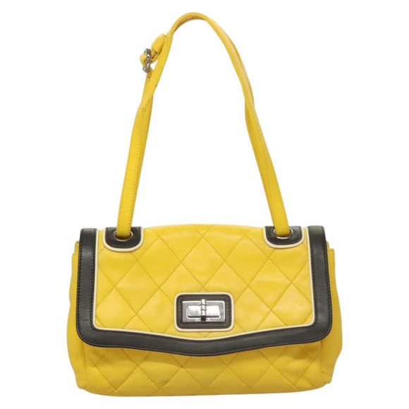 CHANEL Matelasse 2.55 Shoulder Bag Lamb Skin Yellow Silver CC Auth bs25489