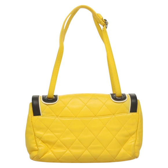 CHANEL Matelasse 2.55 Shoulder Bag Lamb Skin Yellow Silver CC Auth bs25489