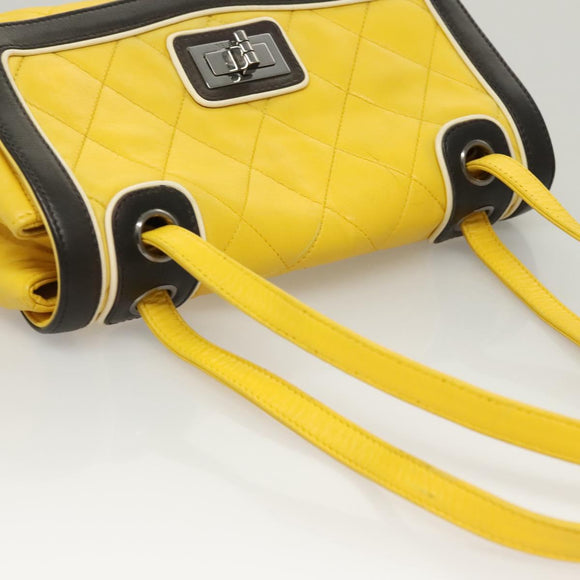 CHANEL Matelasse 2.55 Shoulder Bag Lamb Skin Yellow Silver CC Auth bs25489