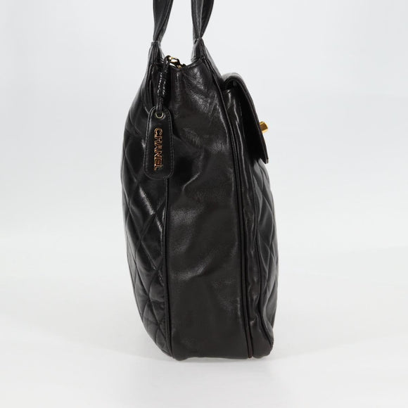 CHANEL Matelasse Tote Bag Lamb Skin Black Gold CC Auth bs25490A