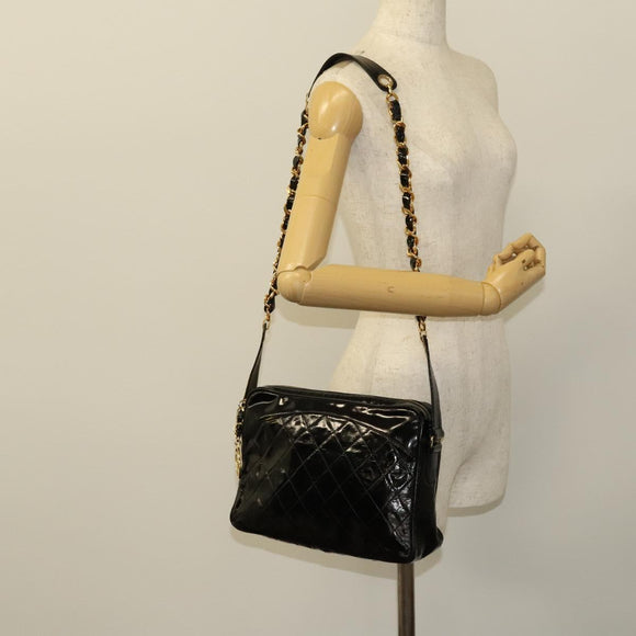 CHANEL Matelasse Chain Shoulder Bag Enamel Black Gold CC Auth bs25491