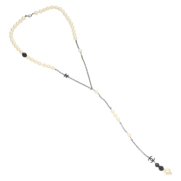 CHANEL Pearl Necklace metal White CC Auth bs25548