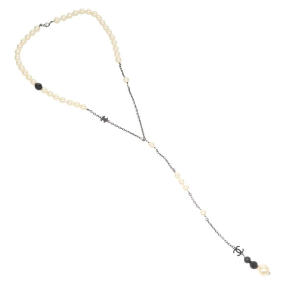 CHANEL Pearl Necklace metal White CC Auth bs25548