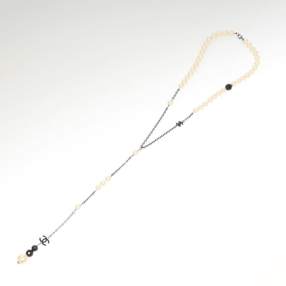 CHANEL Pearl Necklace metal White CC Auth bs25548