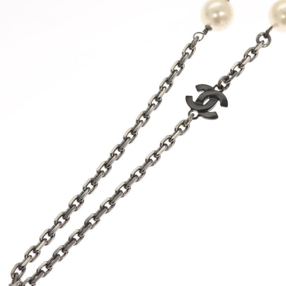 CHANEL Pearl Necklace metal White CC Auth bs25548