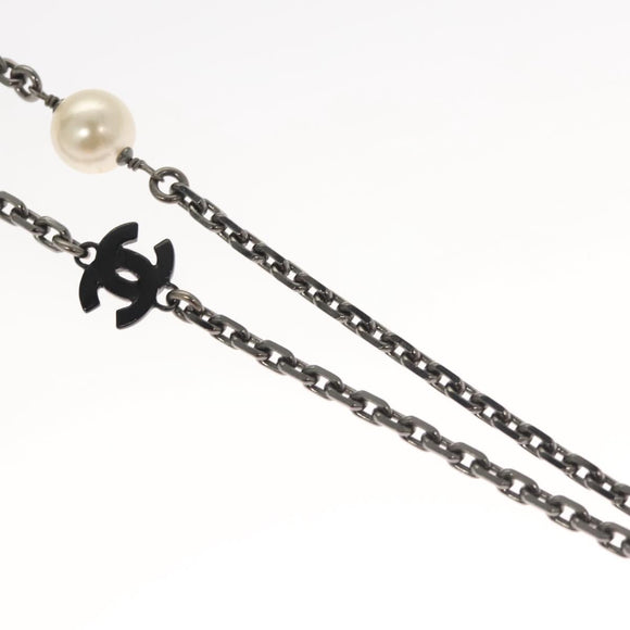 CHANEL Pearl Necklace metal White CC Auth bs25548