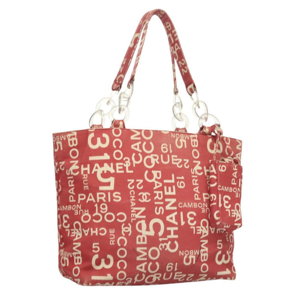 CHANEL Chain Bicy line Tote Bag Canvas Red CC Auth bs25552