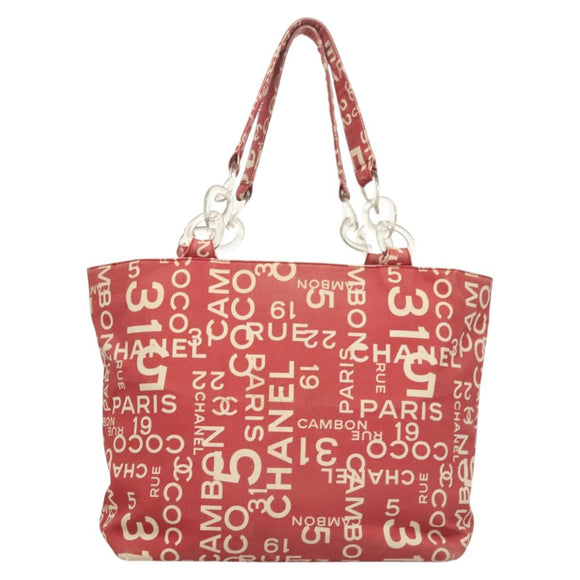 CHANEL Chain Bicy line Tote Bag Canvas Red CC Auth bs25552