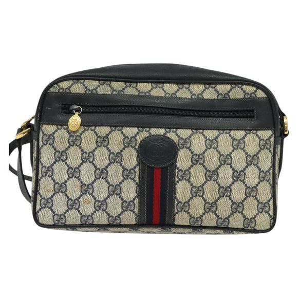 GUCCI GG Supreme Sherry Line Shoulder Bag PVC Navy Gold Red Auth bs25574