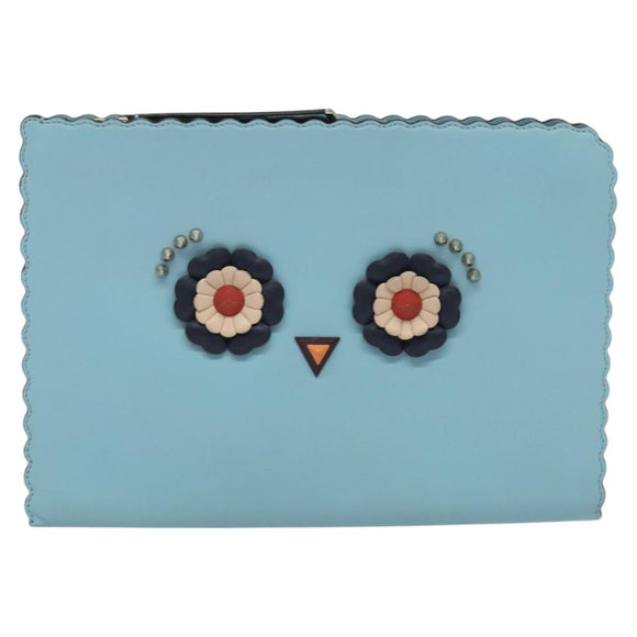 FENDI Clutch Bag Leather Light Blue Auth bs25680
