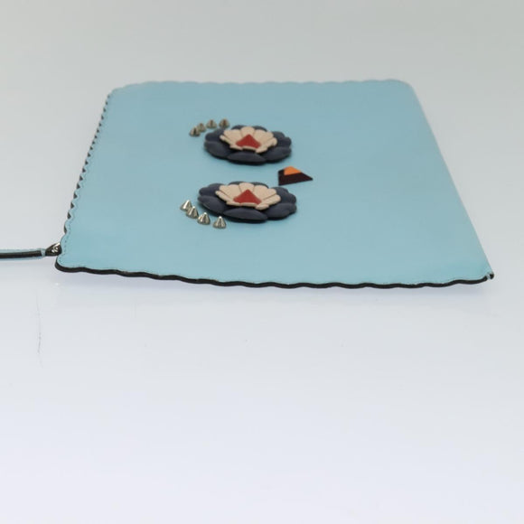 FENDI Clutch Bag Leather Light Blue Auth bs25680