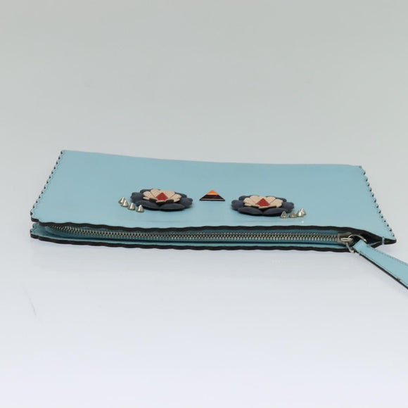 FENDI Clutch Bag Leather Light Blue Auth bs25680