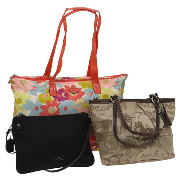 Coach Shoulder Bag Nylon Canvas 3Set Black Beige Orange Auth bs25684