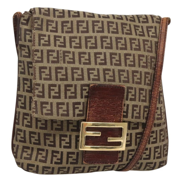 FENDI Zucchino Canvas Shoulder Bag Brown Black Auth bs25758