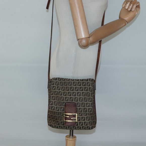 FENDI Zucchino Canvas Shoulder Bag Brown Black Auth bs25758