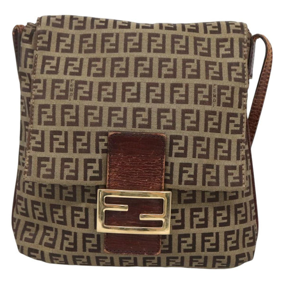 FENDI Zucchino Canvas Shoulder Bag Brown Black Auth bs25758
