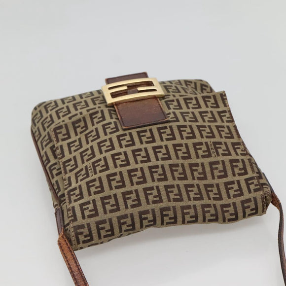 FENDI Zucchino Canvas Shoulder Bag Brown Black Auth bs25758