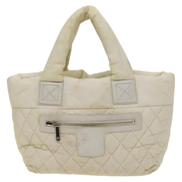CHANEL Coco Cocoon Hand Bag Nylon White Silver CC Auth bs25763