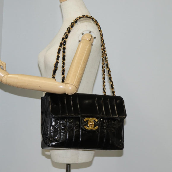 CHANEL Mademoiselle Chain Shoulder Bag Enamel Black Gold CC Auth bs25800