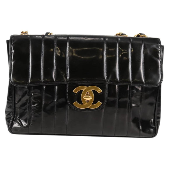 CHANEL Mademoiselle Chain Shoulder Bag Enamel Black Gold CC Auth bs25800